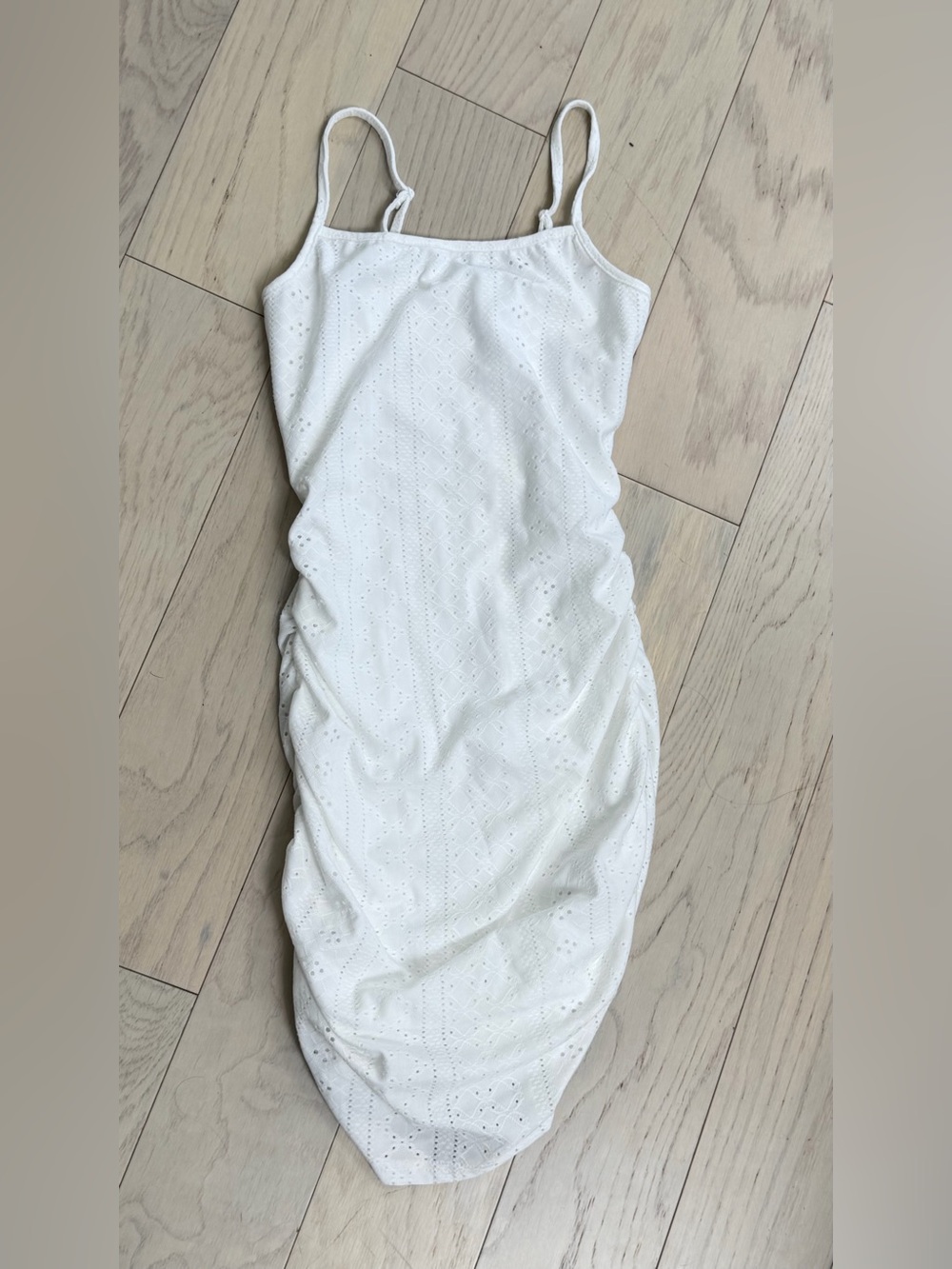 Women’s White Ruched Eyelet Spaghetti Strap Dress Size XS / Never worn!